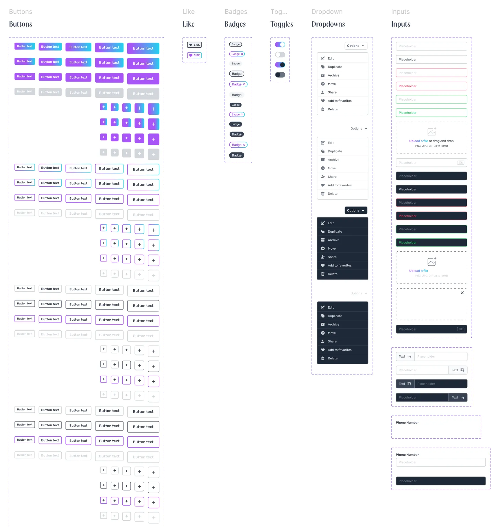 Component sheet: buttons, badges, toggles, dropdowns, inputs and upload fields in multiple states.