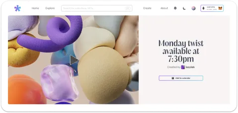 White Label NFT Marketplace landing page with colorful abstract 3D artwork.