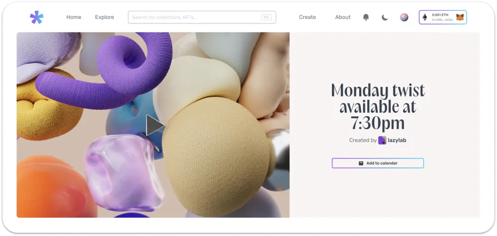 White Label NFT Marketplace landing page with colorful abstract 3D artwork.