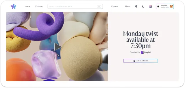 White Label NFT Marketplace landing page with colorful abstract 3D artwork.
