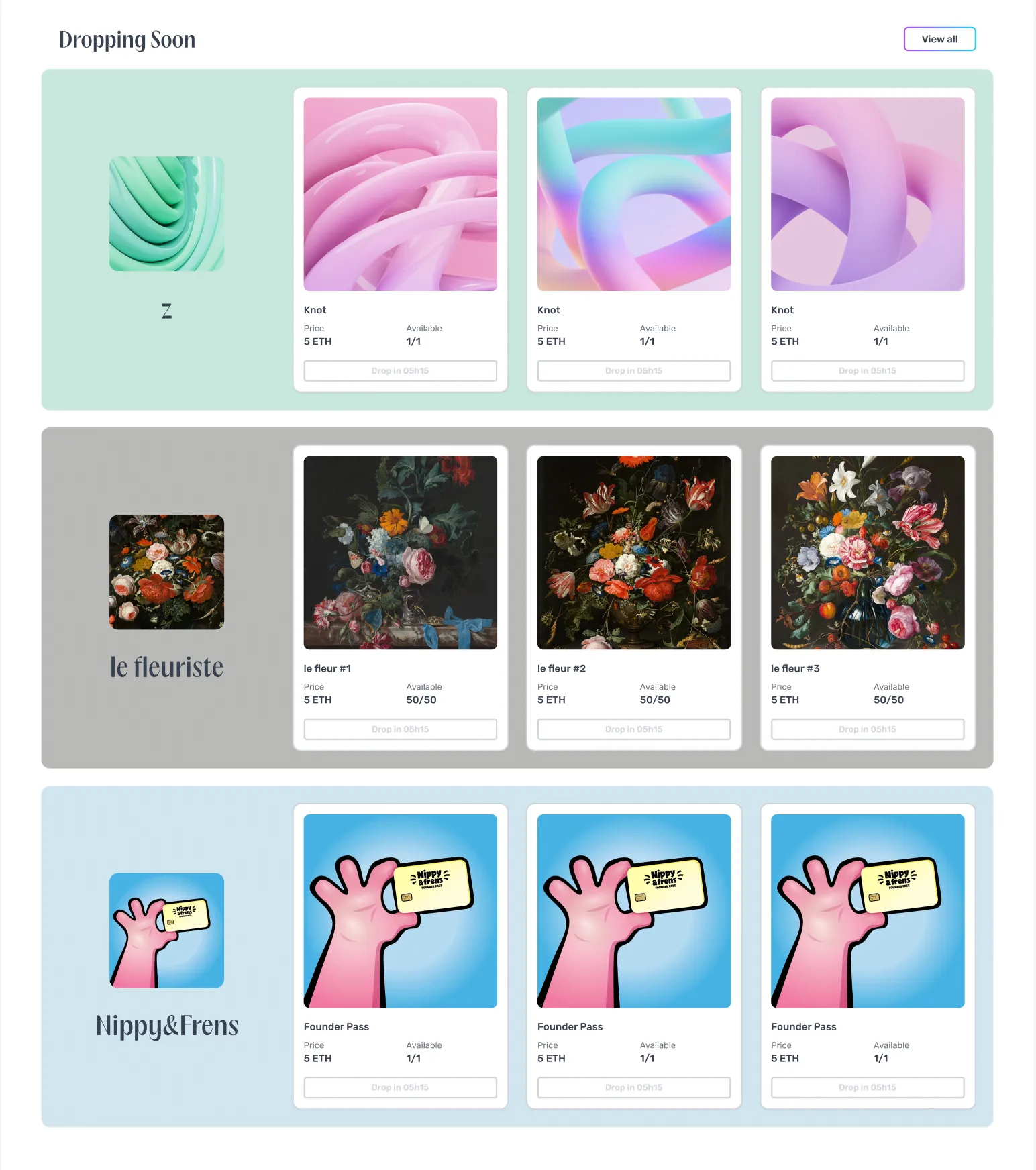 Dropping Soon: upcoming drops grouped by creator, each in its own tinted panel.