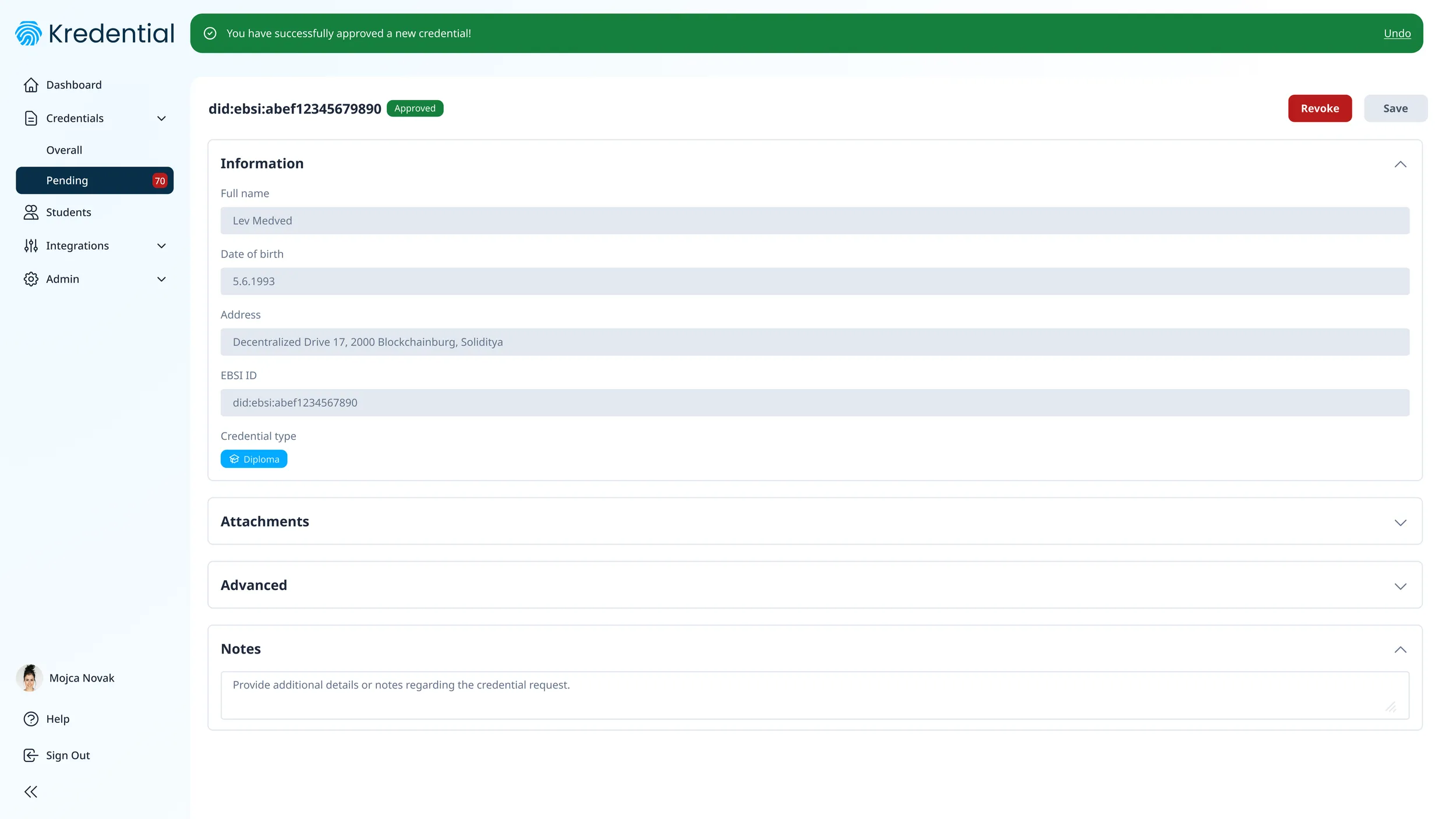 Enterprise Wallet: credential approved, with profile, attachments and EBSI ID.