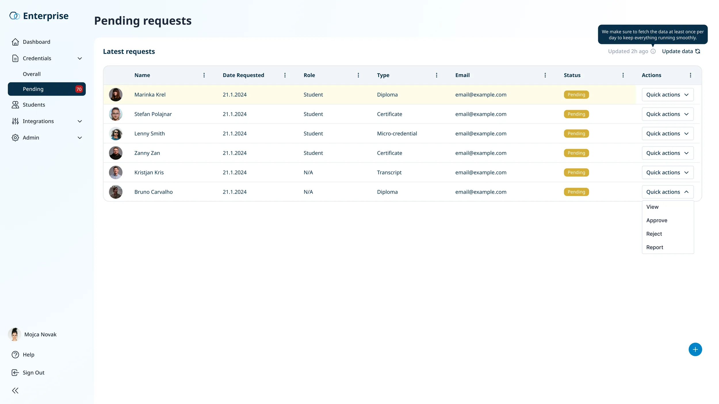 Enterprise Wallet: pending requests with view, approve, reject and report actions.
