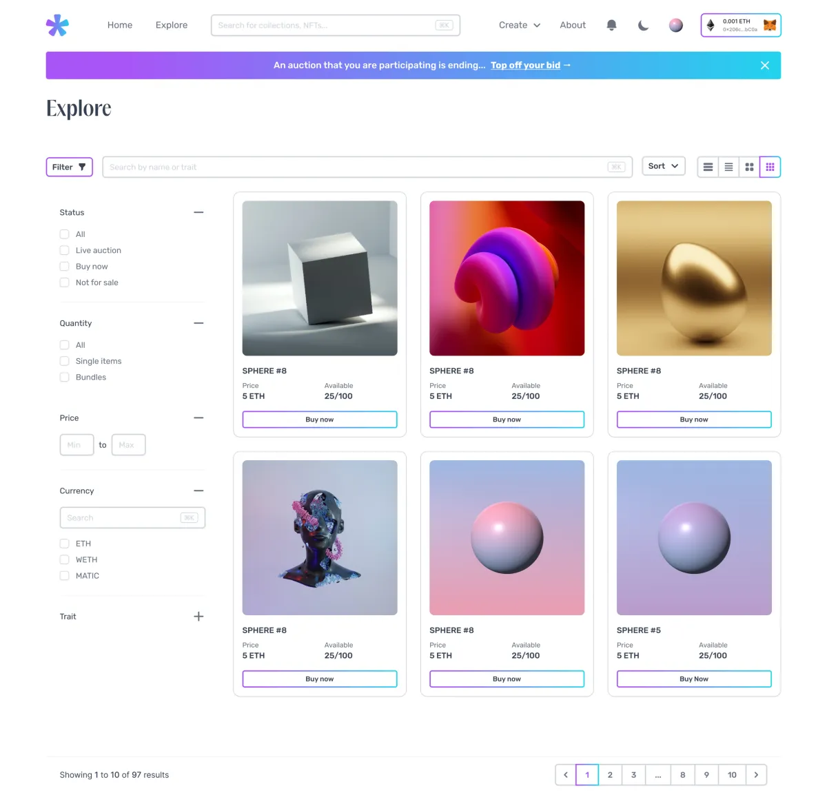 Final Explore page: filters for status, quantity, price, currency and traits next to a grid of NFT cards.