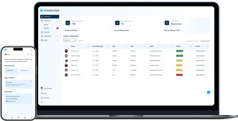 Kredential Enterprise Wallet dashboard on a laptop next to the Holder Wallet app on a phone.