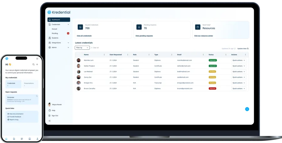 Kredential Enterprise Wallet dashboard on a laptop next to the Holder Wallet app on a phone.