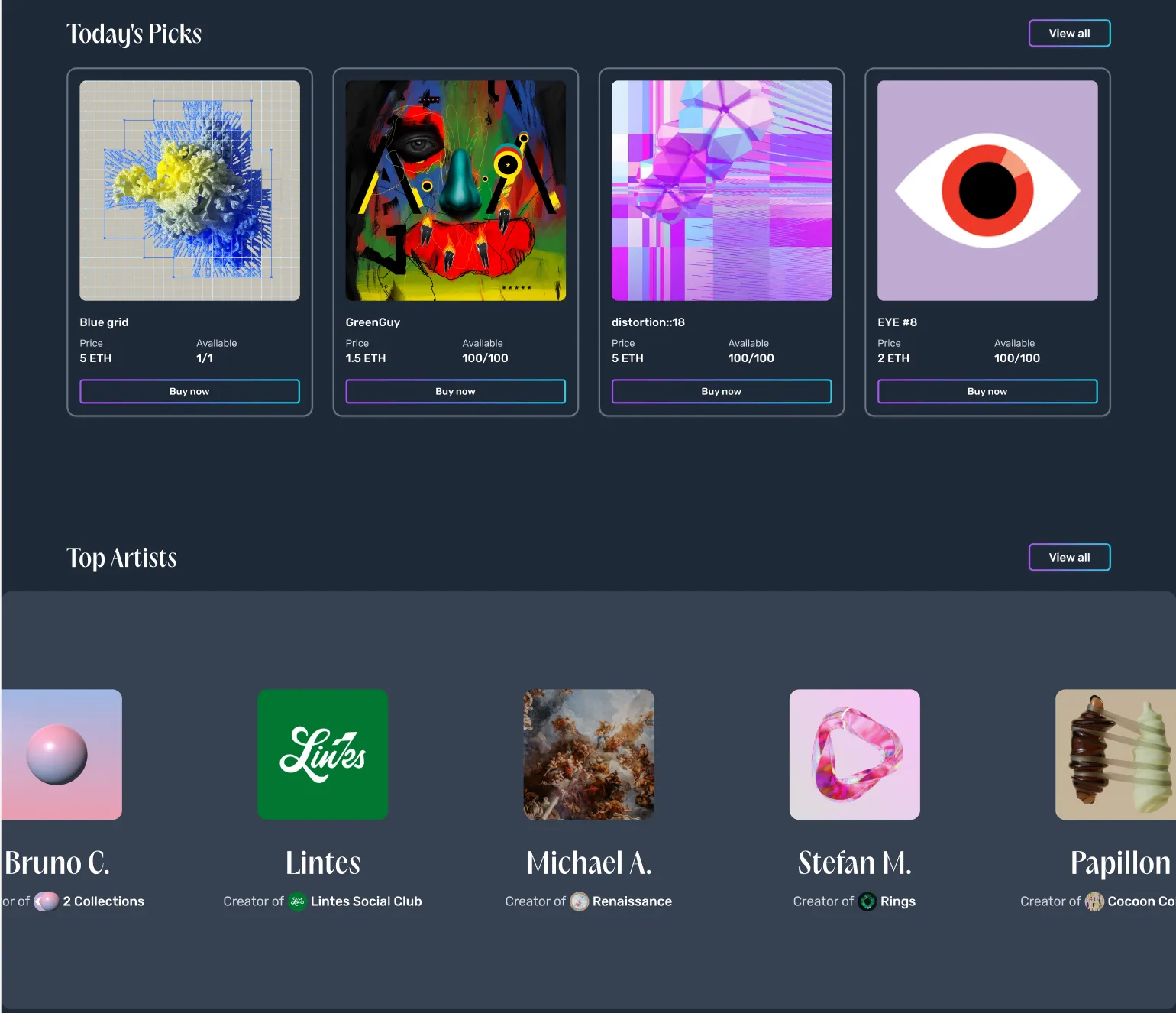 Home in dark mode: Today’s Picks and Top Artists.