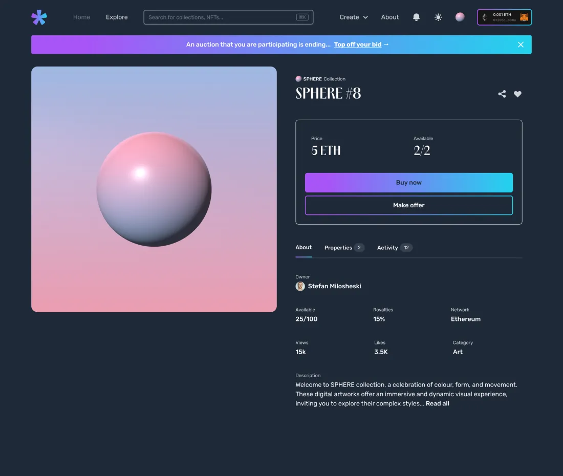 The same item detail page in dark mode.