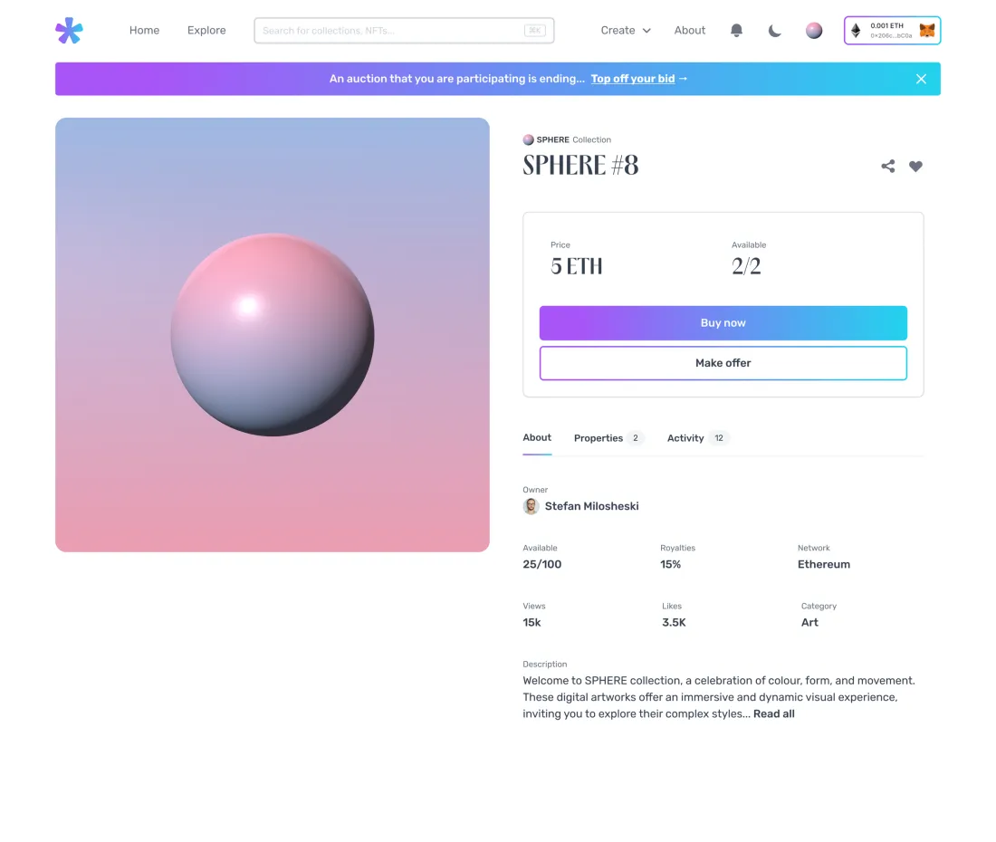 Item detail in light mode: price, availability, Buy now and Make offer.