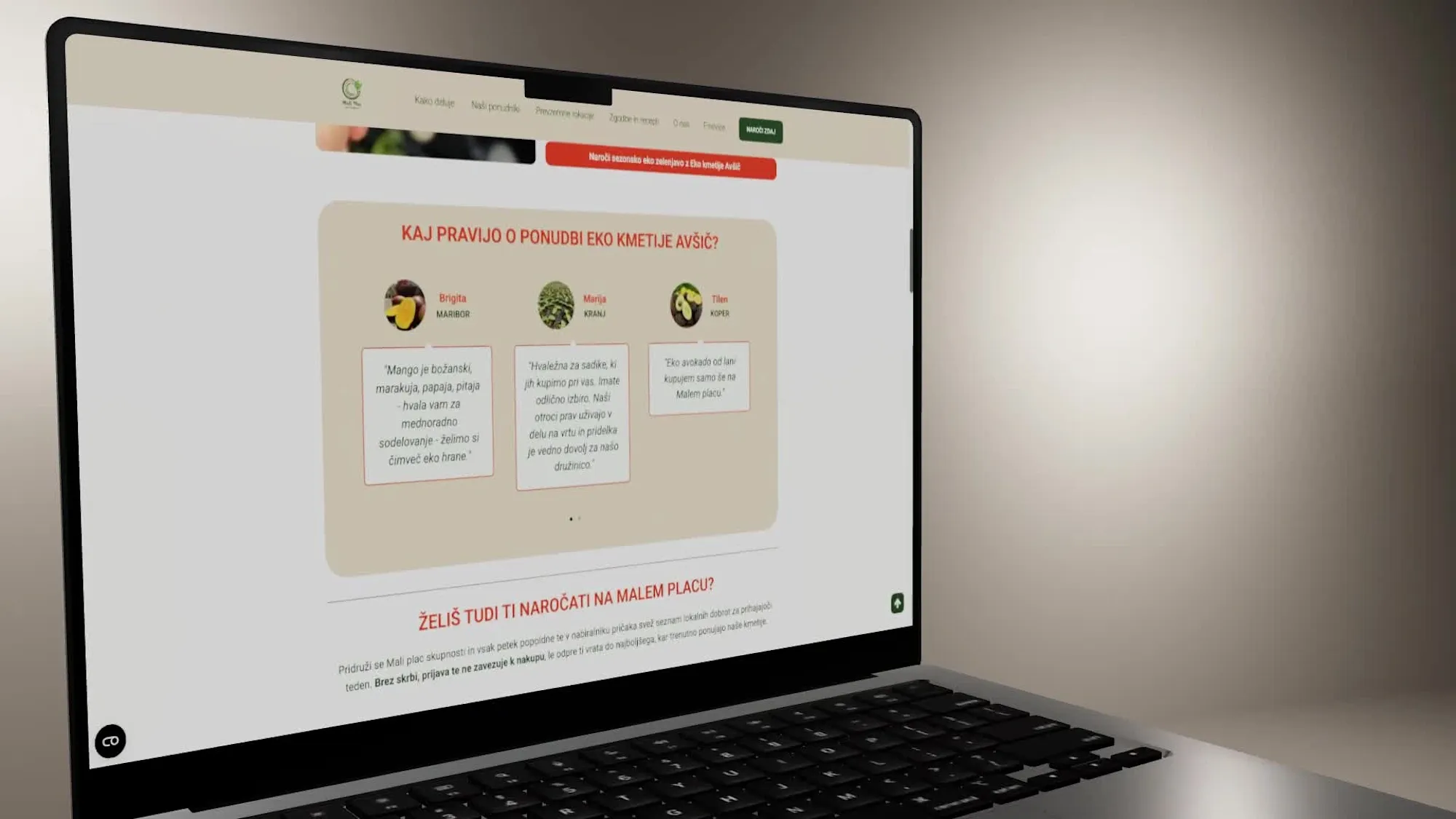 Farm page with customer reviews and a call to start ordering on Mali Plac.