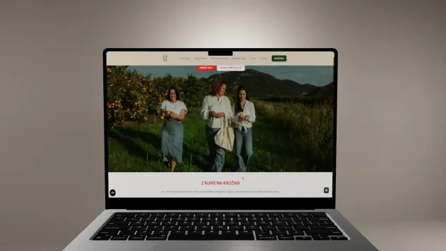 Redesigned Mali Plac homepage on a laptop — three women walking through an orchard under the headline "Z njive na krožnik".