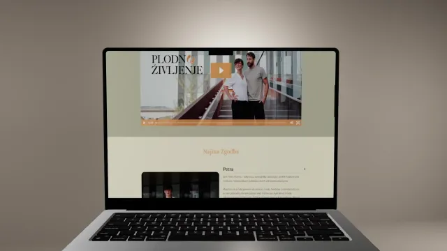 Plodno Življenje "Our story" page on a laptop, with the founders in a video header.