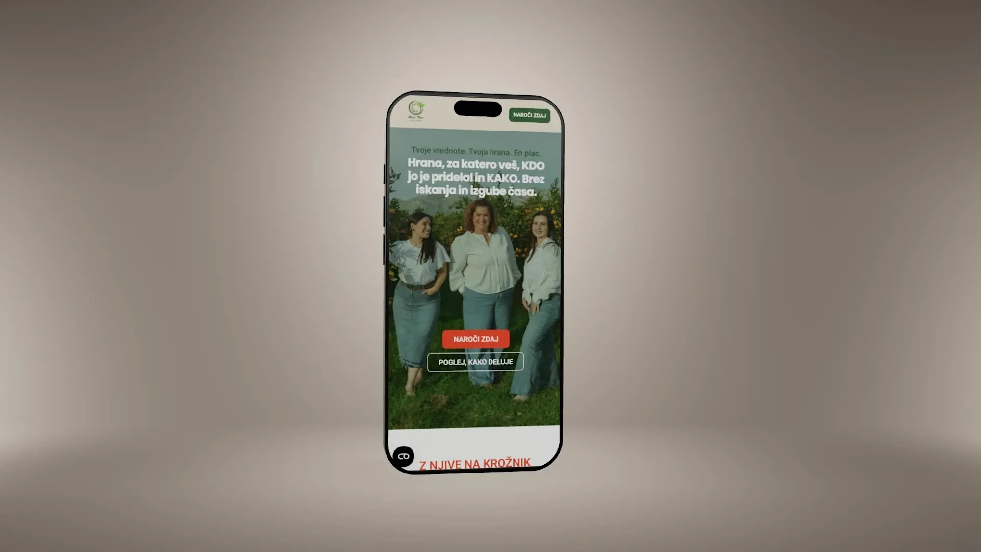 Mali Plac homepage on mobile: “Hrana, za katero veš, KDO jo je pridelal in KAKO” with Order now and How it works buttons.