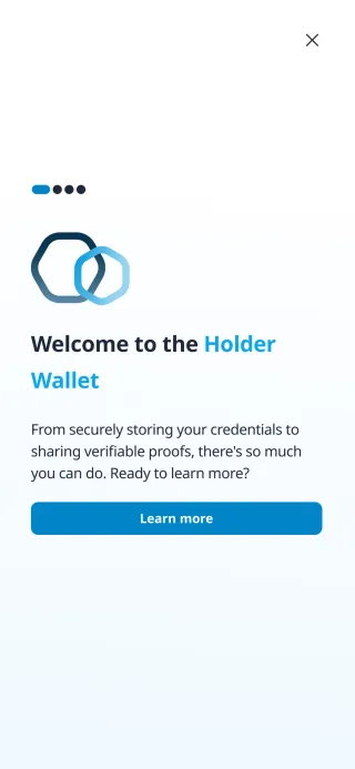 Kredential onboarding v1: welcome screen with an abstract logo and text.