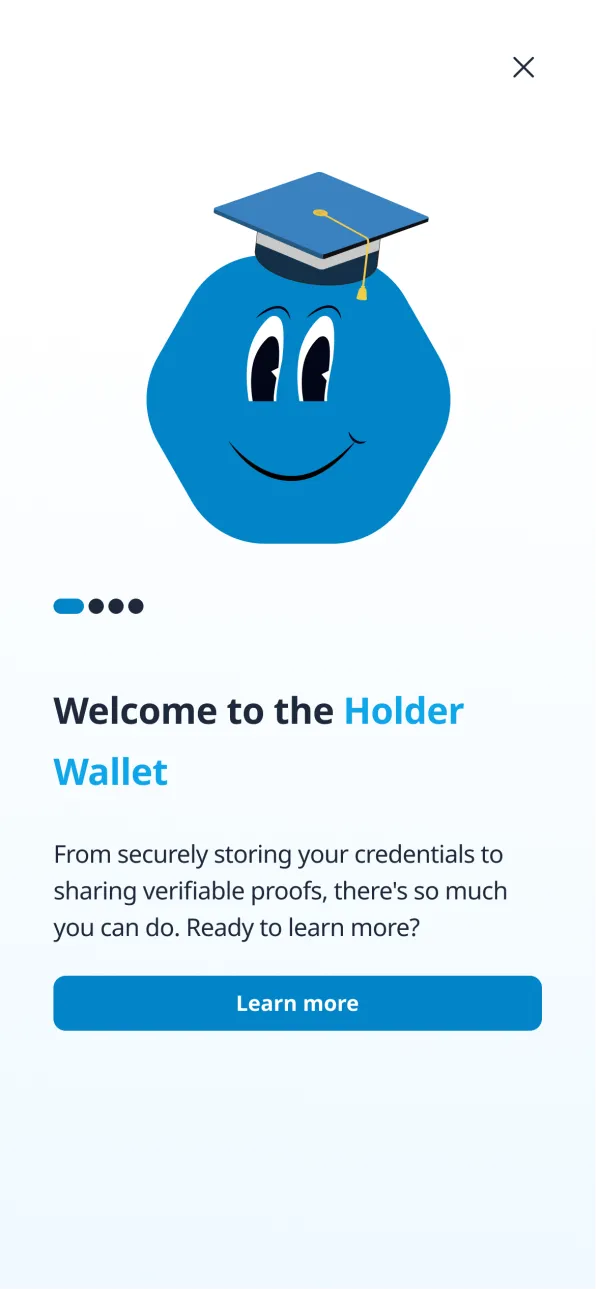 Onboarding version 2: the same welcome screen with the graduation-cap mascot.