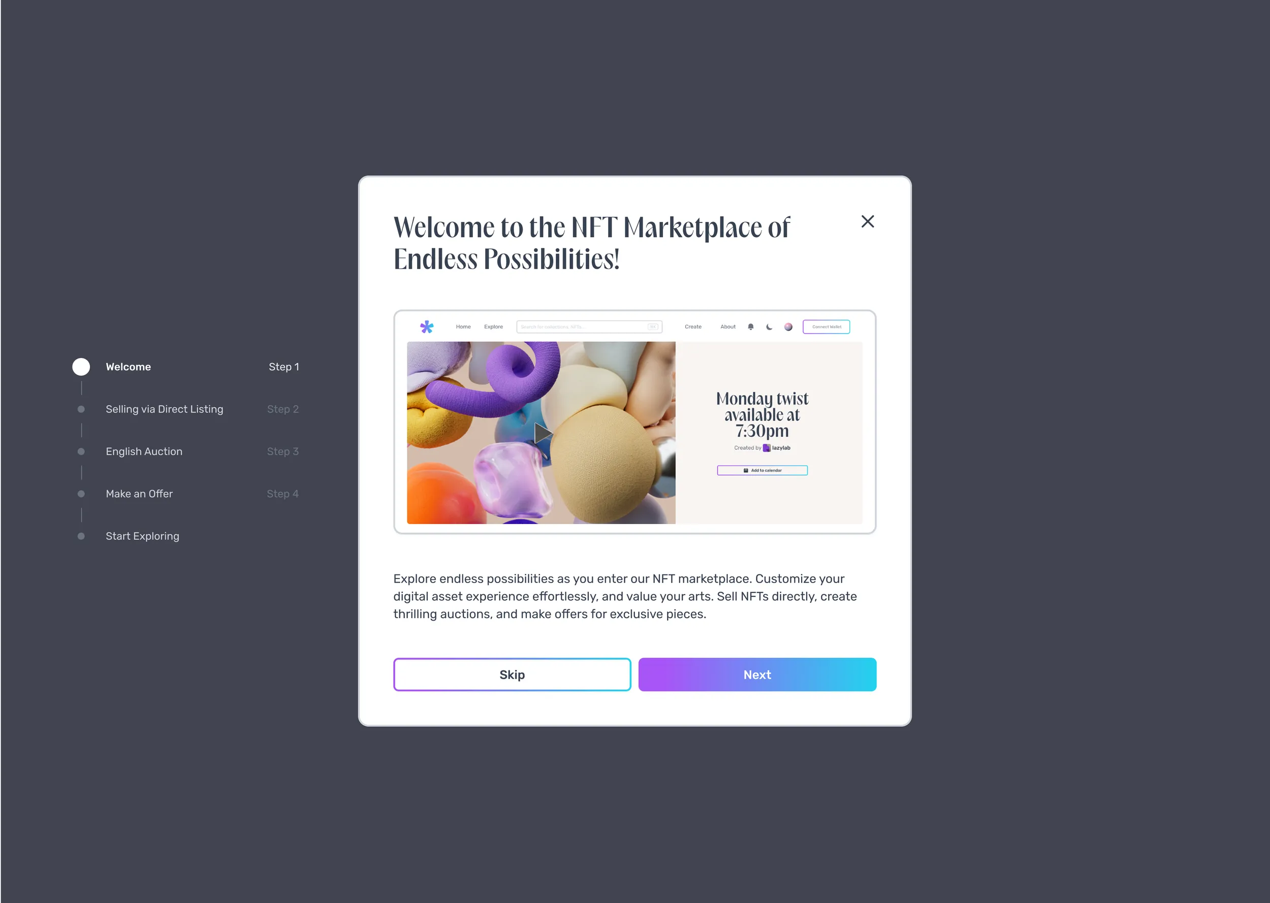 Onboarding tutorial with step-by-step navigation and Skip/Next.