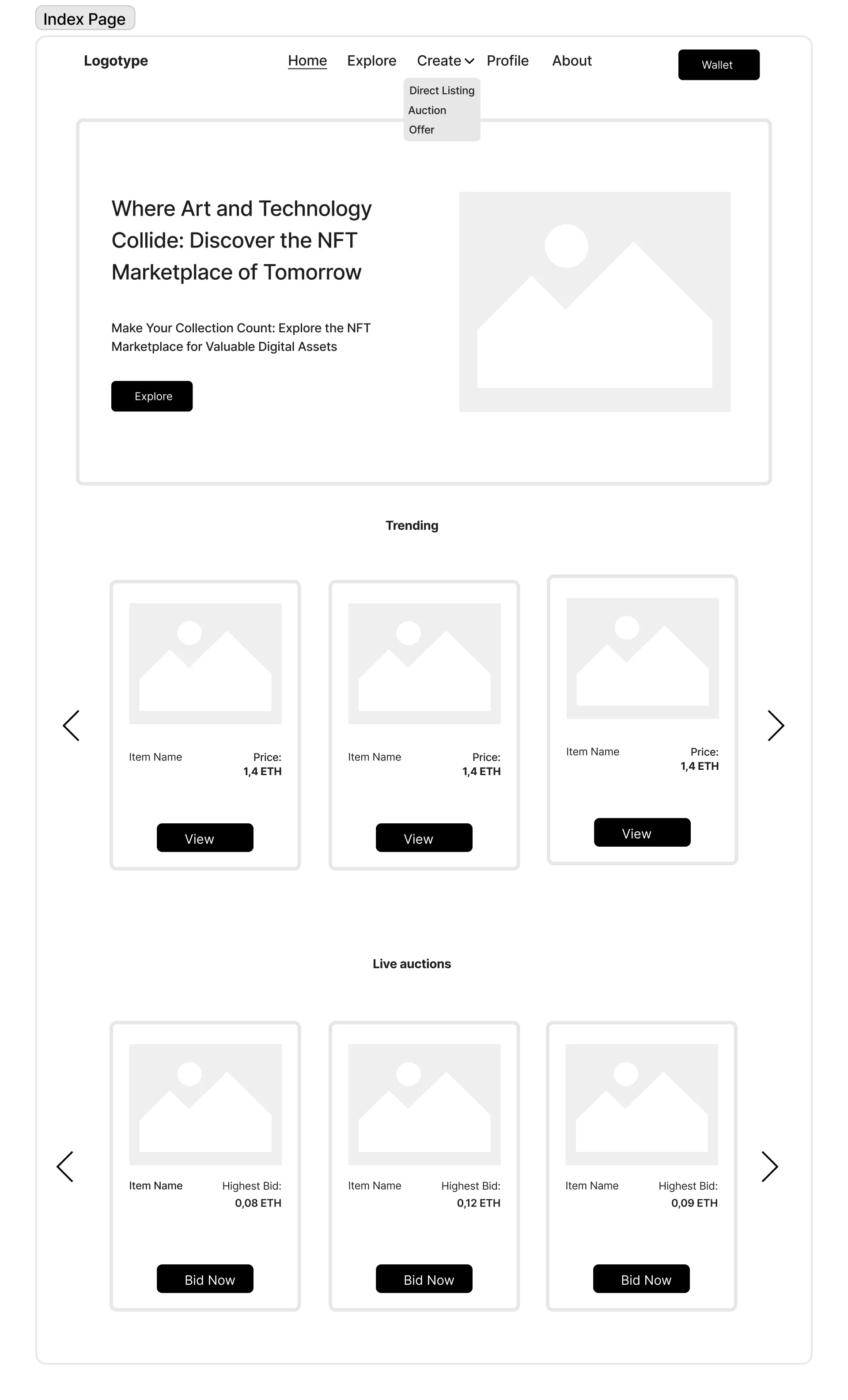 Wireframe: explore page with trending items and live auctions.