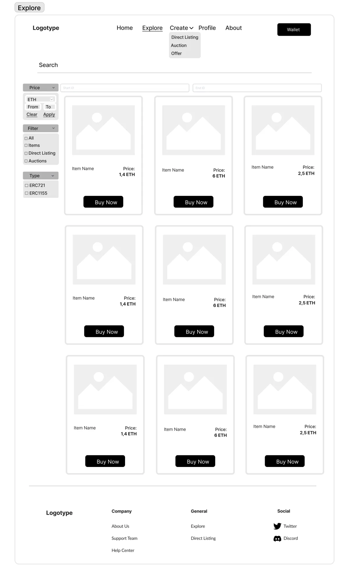 Wireframe: listings page with filters on the left and grey item cards with Buy Now buttons.