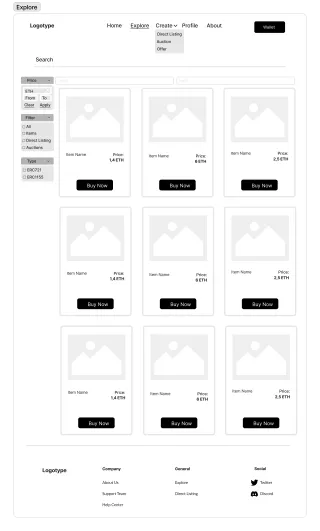 Grey-box wireframe of the NFT listings page with filters.